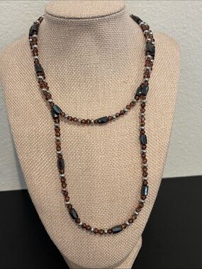 Vintage Magnetic Hematite & Amber Glass Beaded Therapy Necklace
